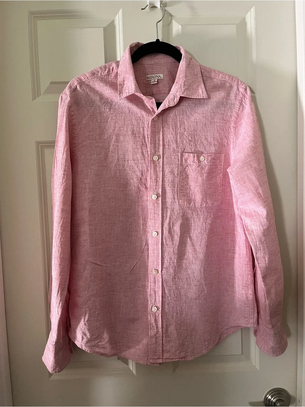 Men’s Merona Linen Blend Long Sleeve Button Down Shirt Pink Red Salmon M